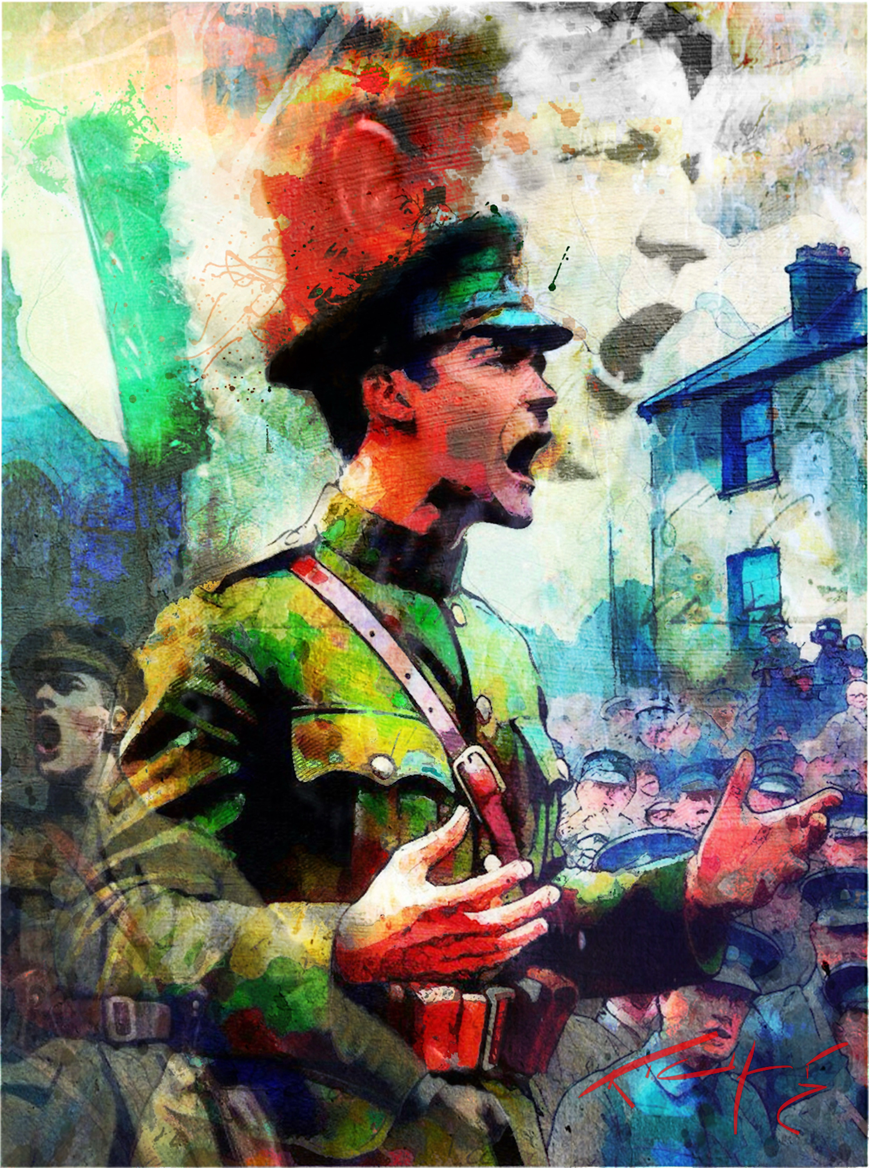 An artistic painting depicting of Michael Collins in uniform standing confidently in front of a crowd, showcasing leadership and presence.