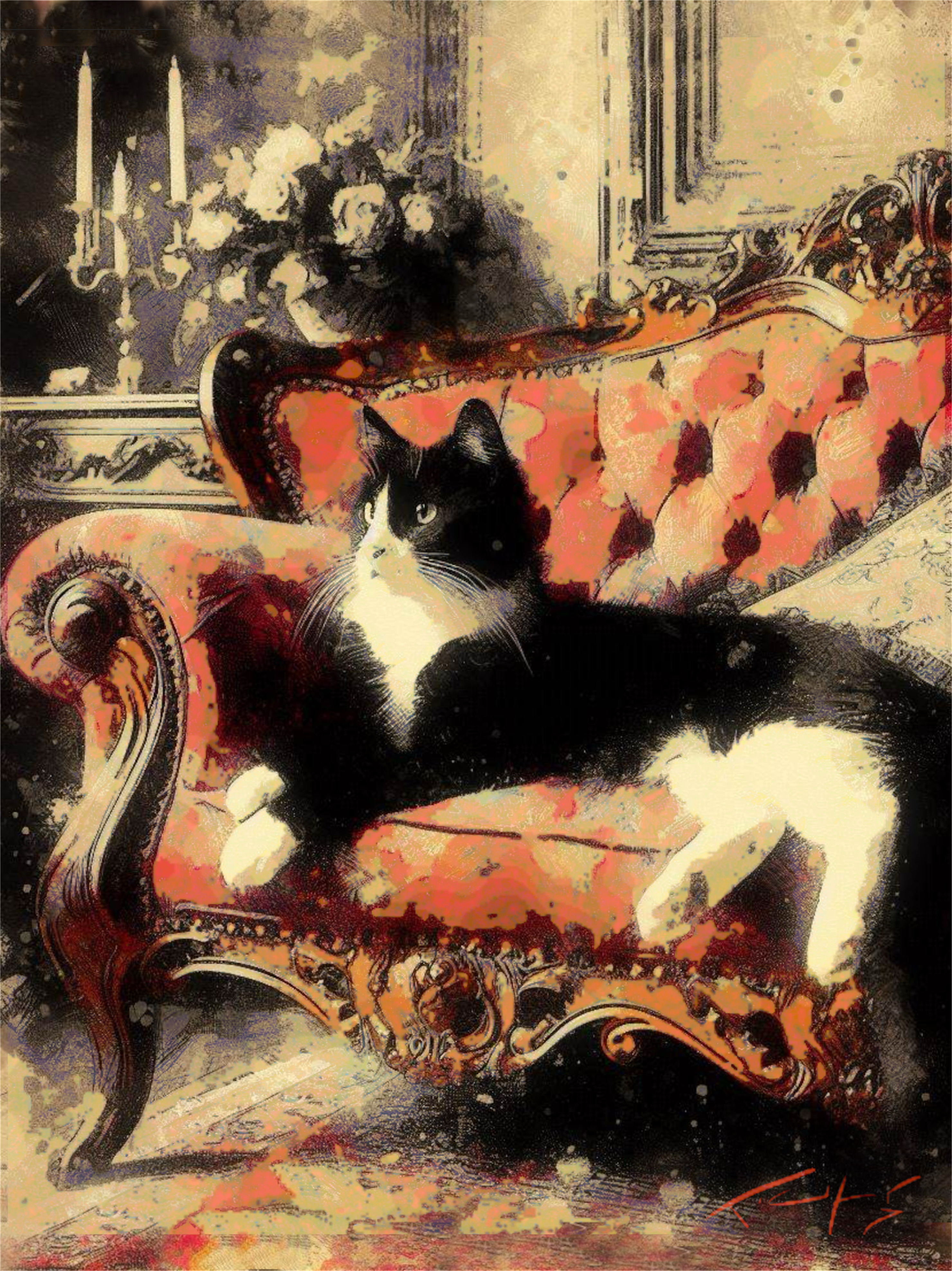 A painting depicting a cat lounging on a vibrant red couch, showcasing its relaxed posture and colorful surroundings.