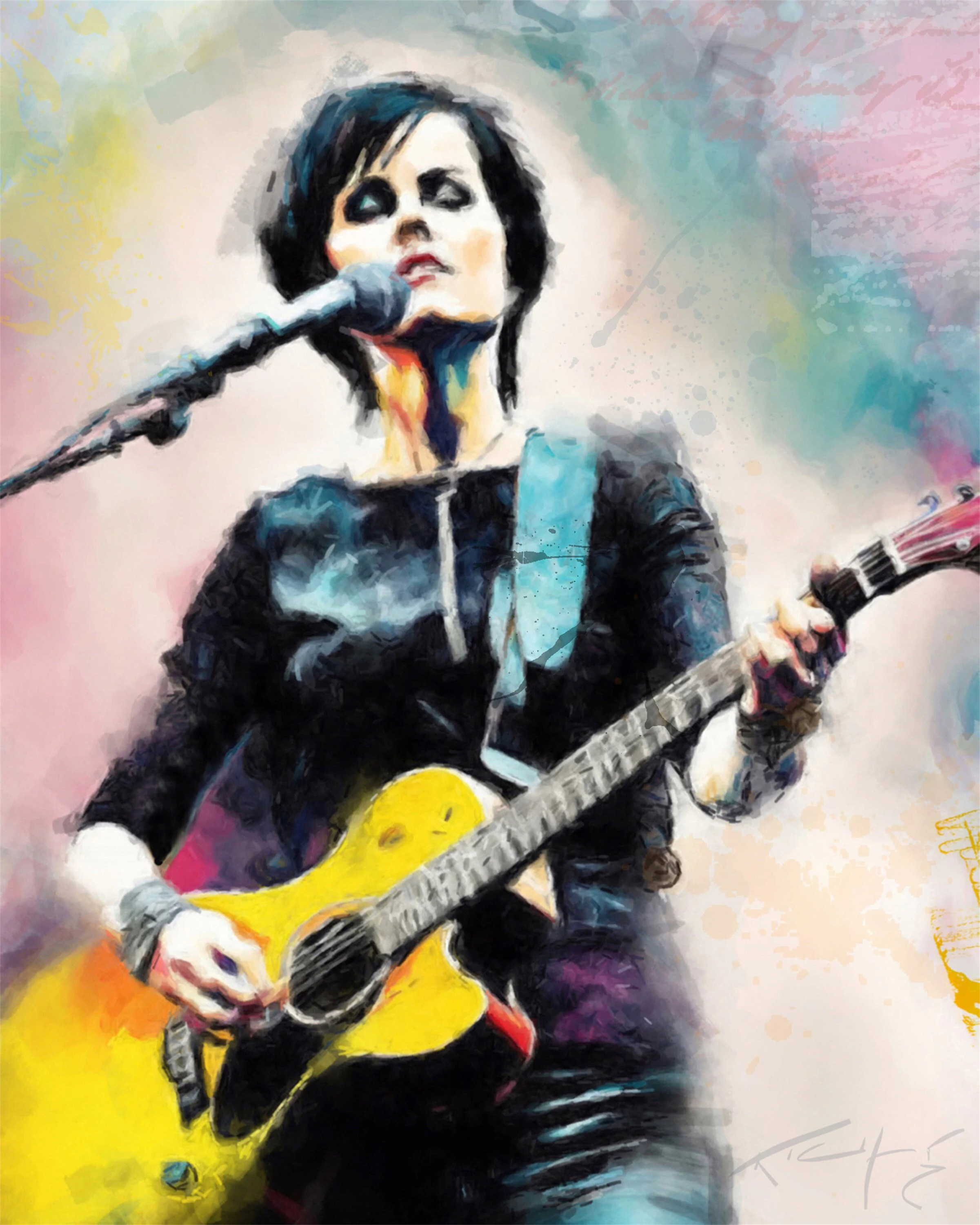 Dolores O’Riordan digital artwork singing with guitar, The Cranberries illustration
