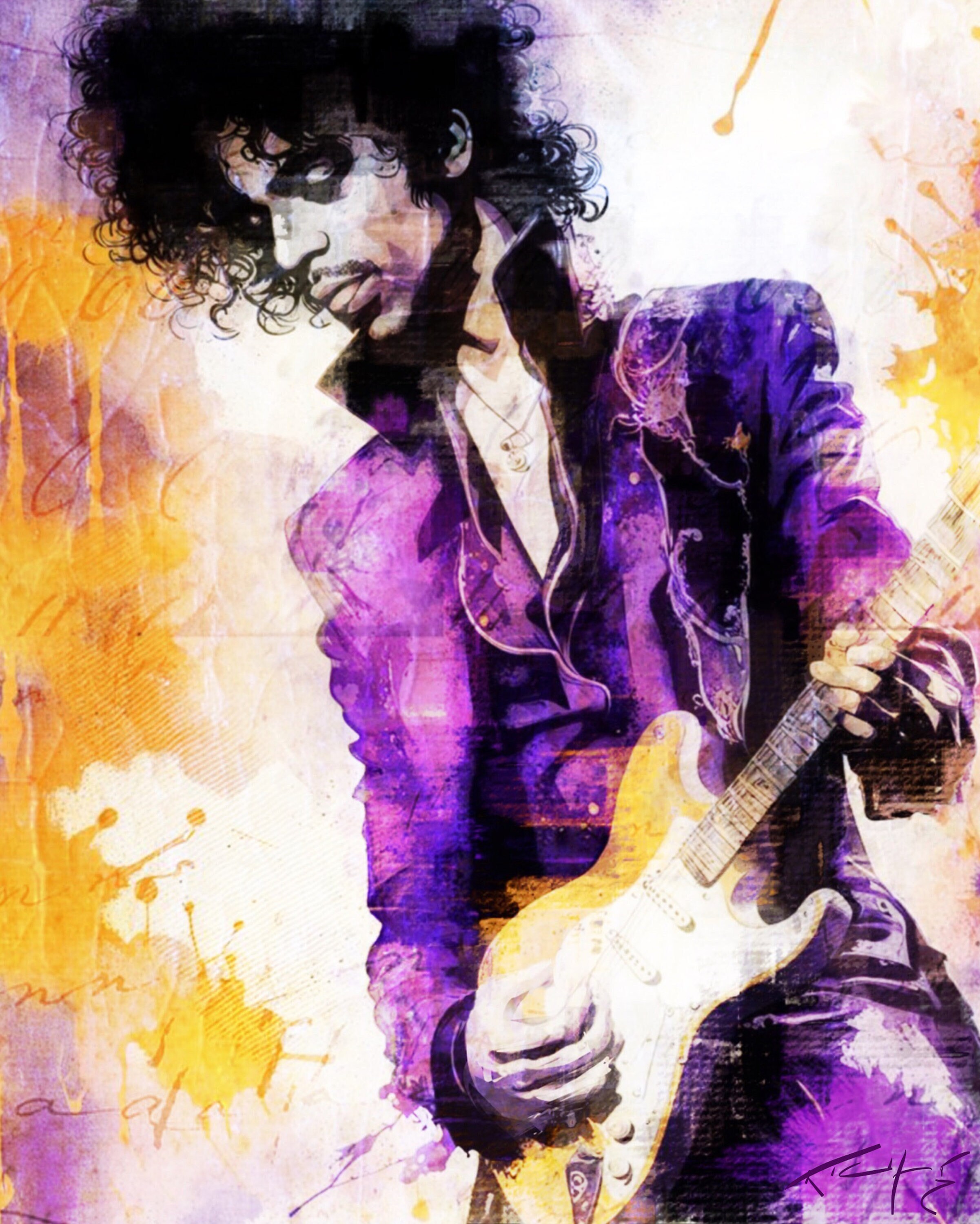Prince fan art poster featuring Prince in a purple outfit holding a guitar