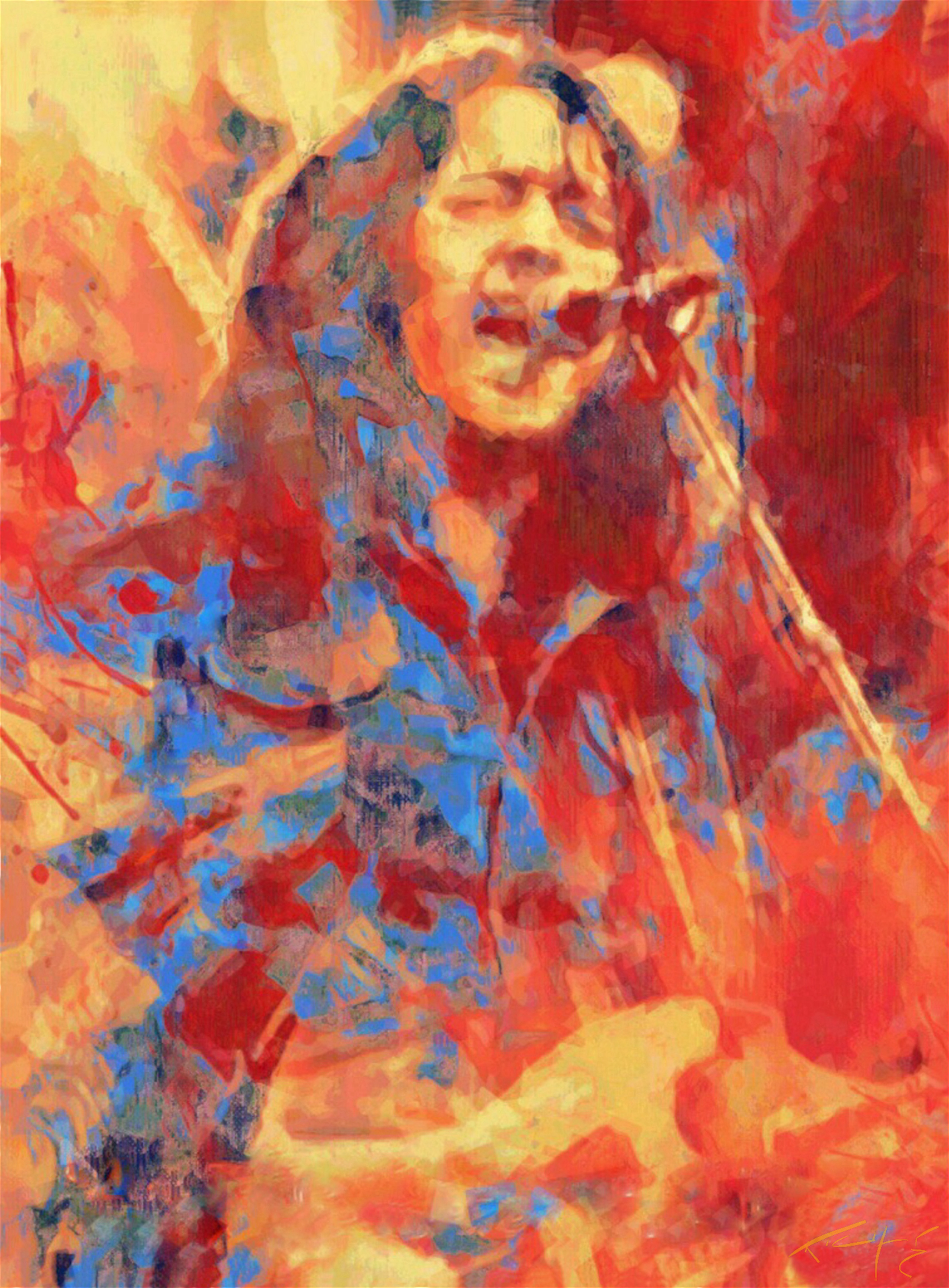 Rory Gallagher vibrant print poster with reddish hue, featuring the legendary Irish blues rock guitarist performing live