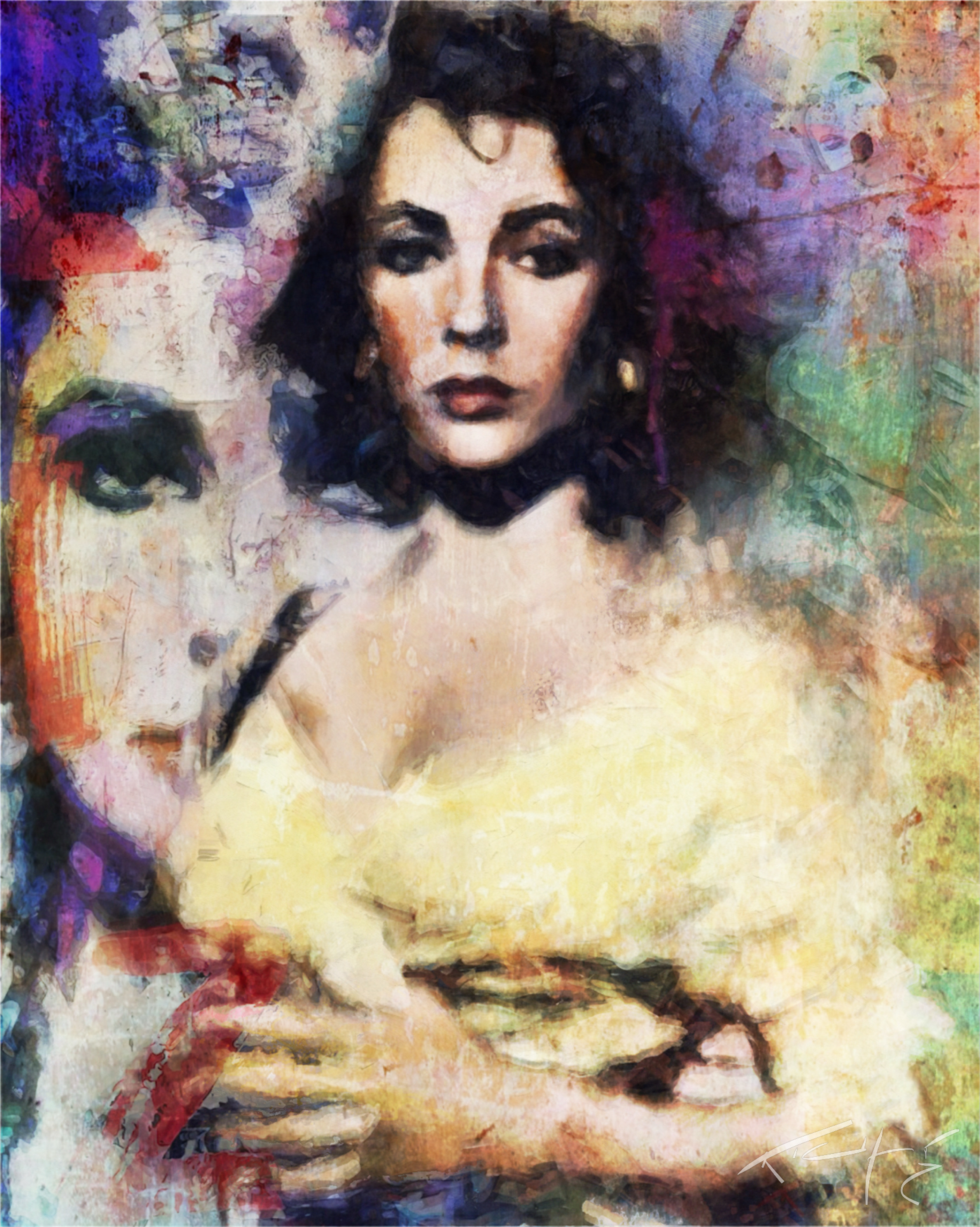 Stylized poster artwork of Elizabeth Taylor, poised and composed, with Cleopatra-inspired imagery in the background, rendered in a punk aesthetic.